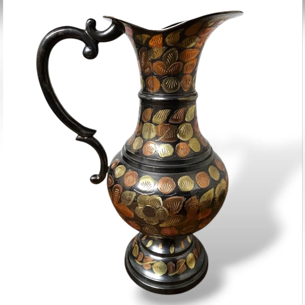 Antique Mid-Century MCM Copper Solid Brass Pitcher Etched Floral Ewer Vase VTG